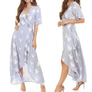 NWT Blue Floral Embroidered High Low Wrap Maxi Dress